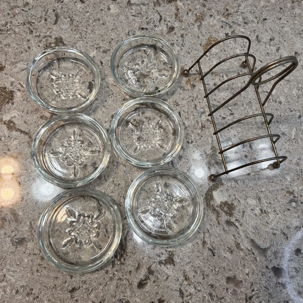 Vintage MCM Glass Coaster Set of 6 Fleur De Lis Embossed with Brass Caddy Holder